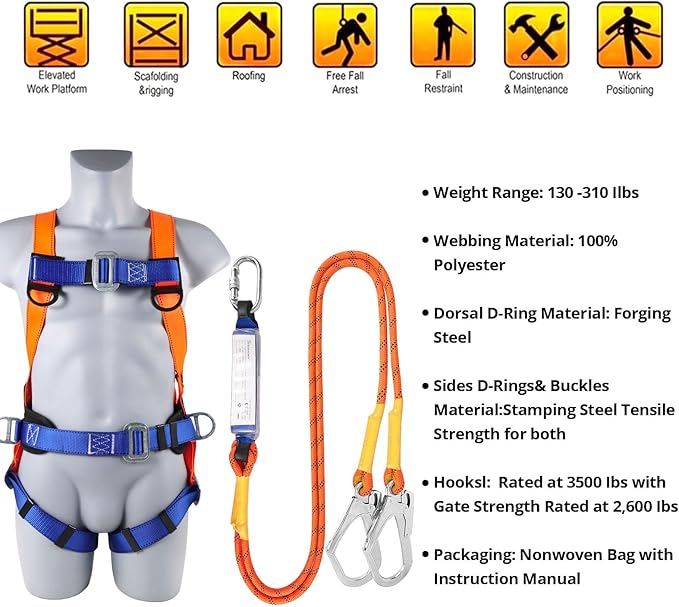 TT TRSMIMA Safety Harness Fall Protection Kit: Full Body Roofing harnesses | Men Construction Harness Kit with Shock Absorbing Lanyard - Updated Paded for Roof Work