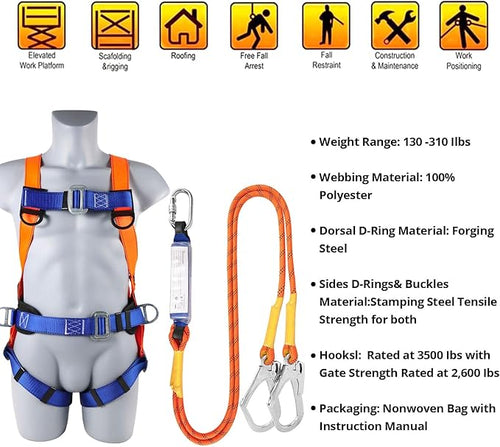 TT TRSMIMA Safety Harness Fall Protection Kit: Full Body Roofing harnesses | Men Construction Harness Kit with Shock Absorbing Lanyard - Updated Paded for Roof Work